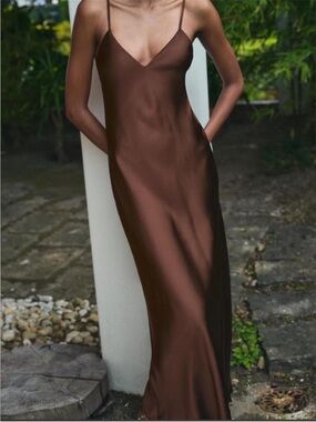 Zara Chocolate Brown Satin Slip Maxi Dress